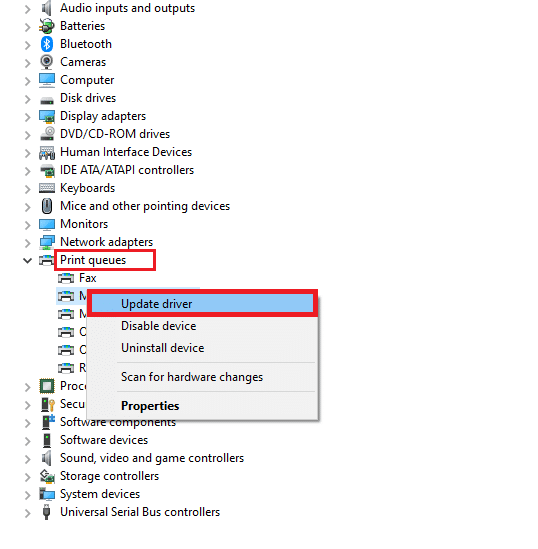 Дважды щелкните Очереди печати, чтобы развернуть его. Теперь щелкните правой кнопкой мыши драйвер и выберите «Обновить драйвер». Исправить доменные службы Active Directory в настоящее время недоступны в Windows 10
