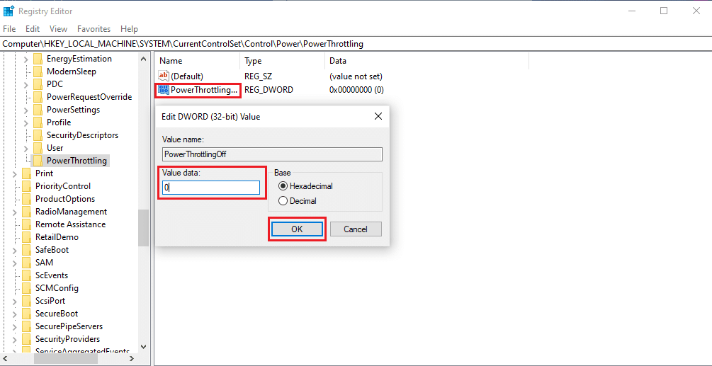 Double-click the PowerThrottlingoff string. Set the Value data as 1 from 0 and click OK to finalize the changes 