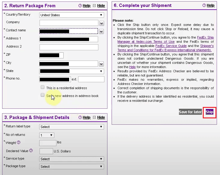 down and click on the Ship option from the Complete your Shipment section | How to Create Multiple FedEx Shipping Labels