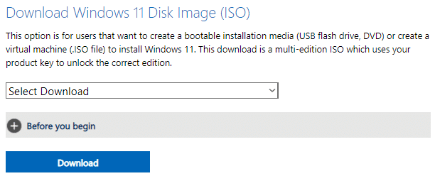 Download option for Windows 11 ISO