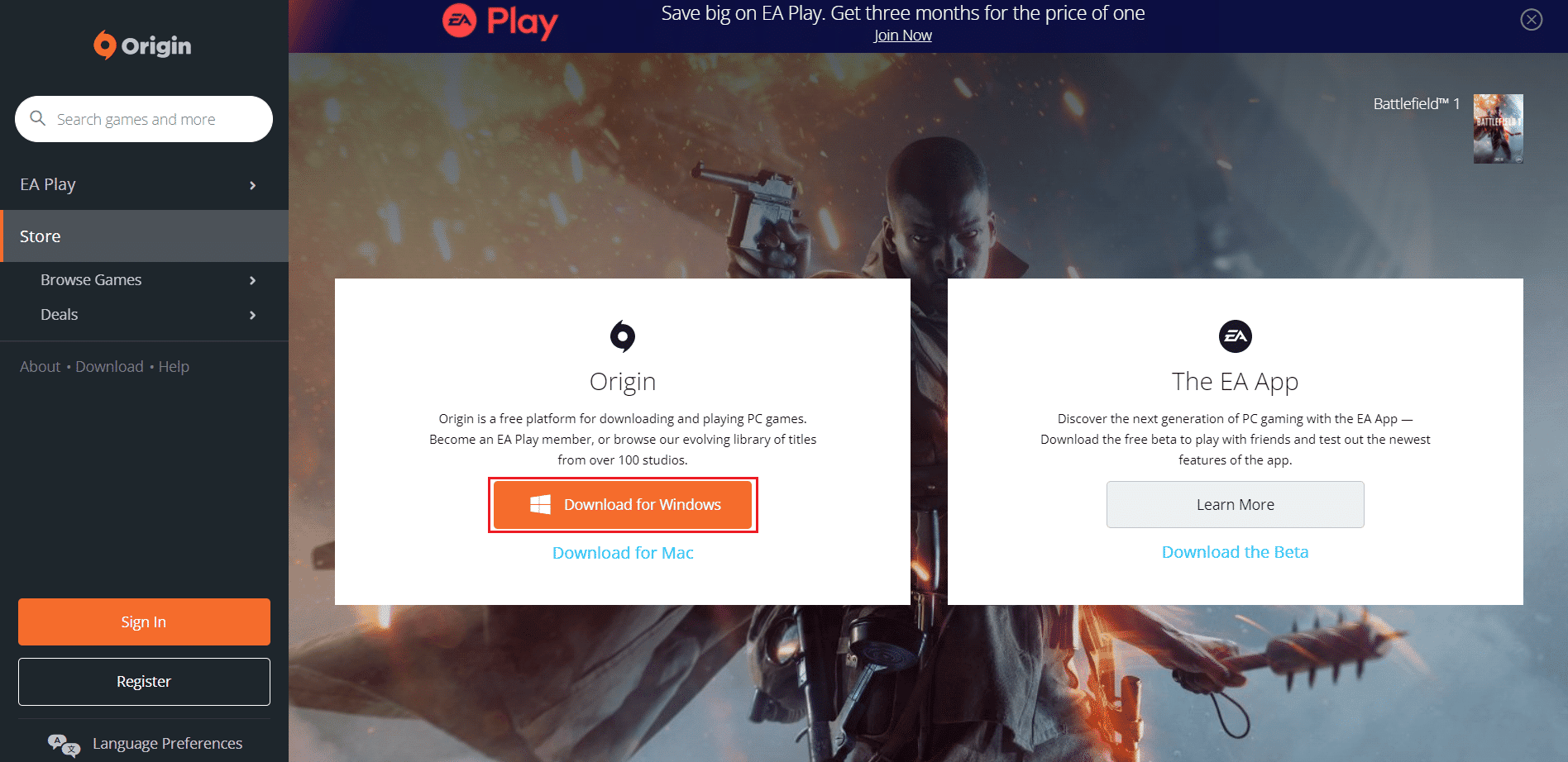 Download Origin from its official website by clicking on Download for Windows button
