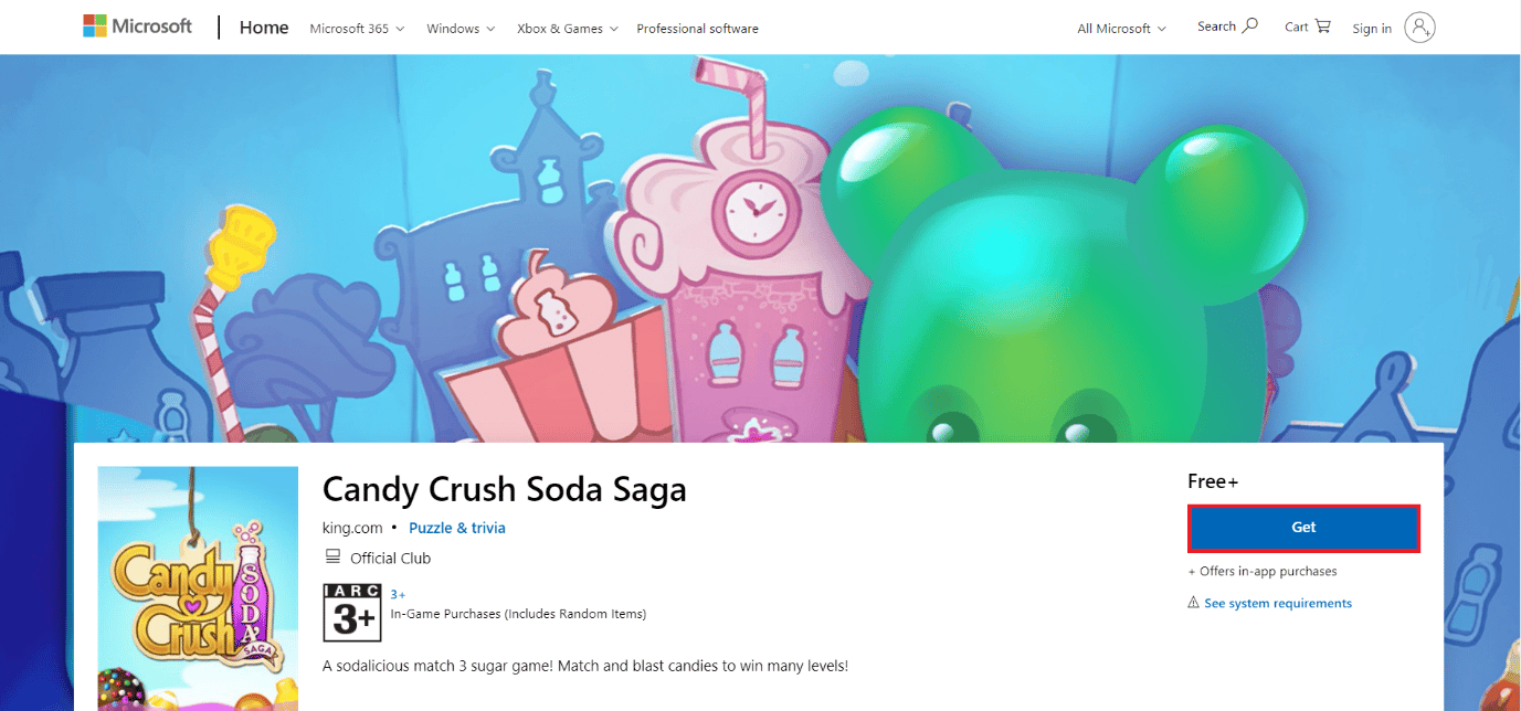 download page of Candy Crush Soda Saga. 50 Best Free Games for Windows 10 to Download