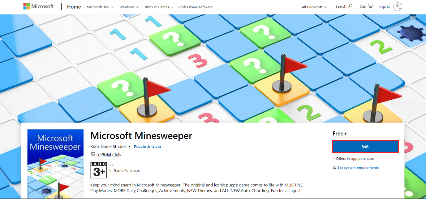 страница загрузки Microsoft Minesweeper. 50 лучших бесплатных игр для Windows 10, которые можно скачать