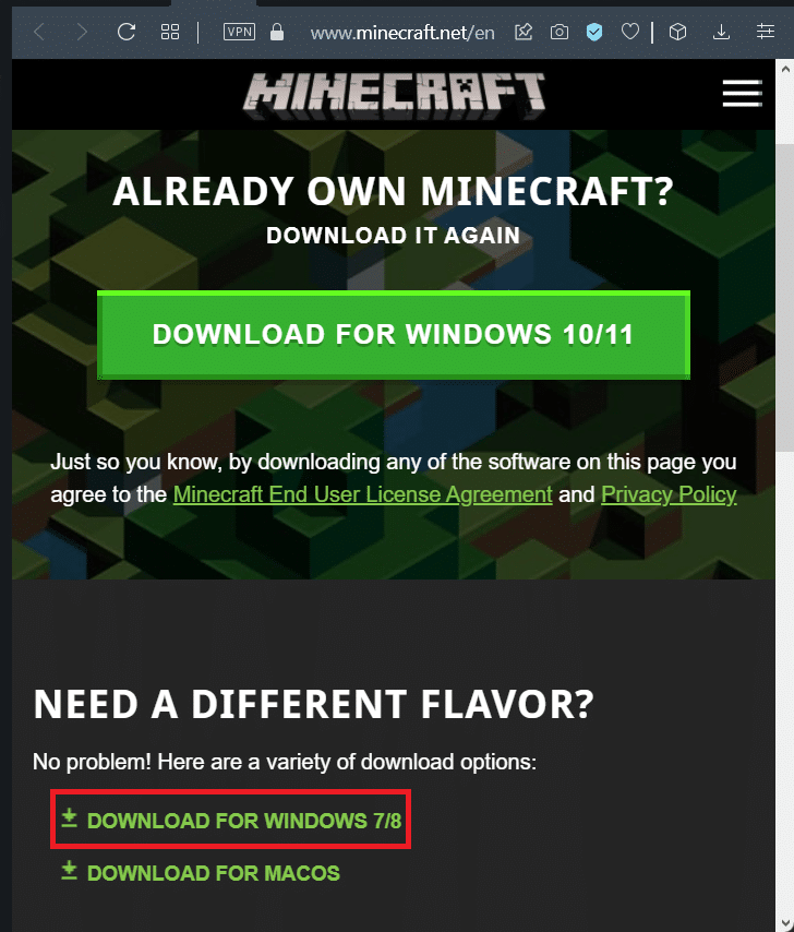 Downloading Minecraft Launcher from official website. Fix Minecraft Error 0x803f8001 in Windows 11