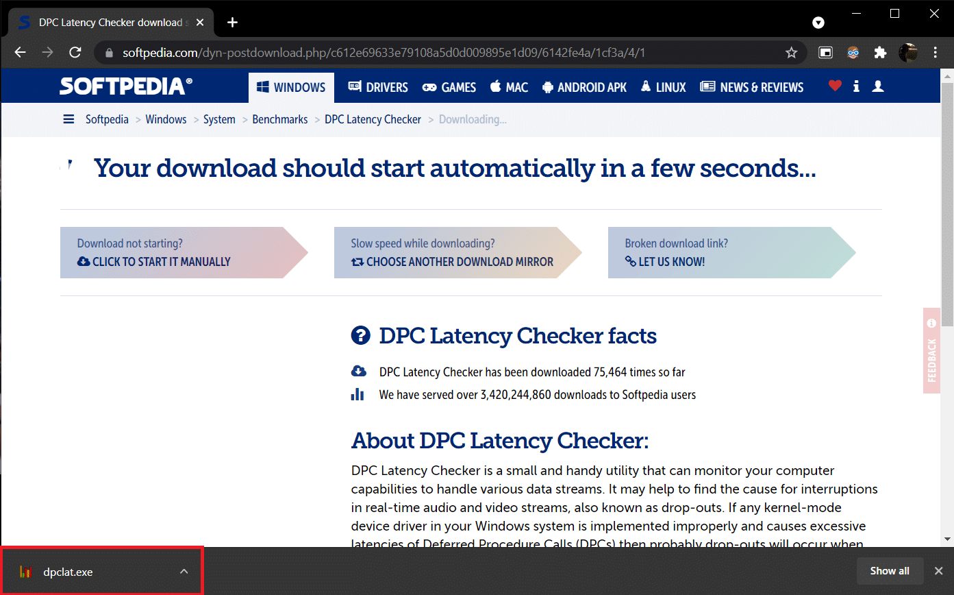 DPC Latency Checker 1.4.0 download page in Softpedia. Exe file is downloaded.