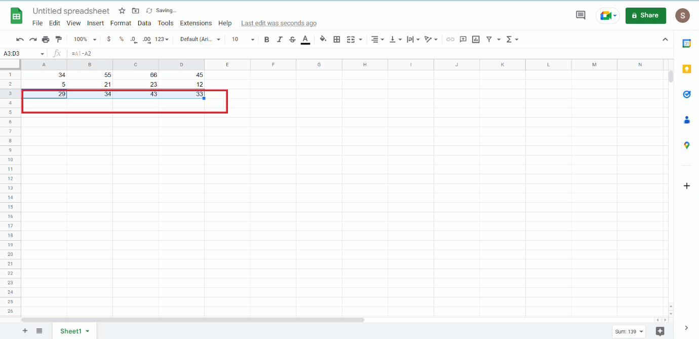 Drag it horizontally if you want to subtract more rows with the same formula by selecting the cell and clicking on the plus sign at the corner of the cell | How to Subtract in Google Sheets