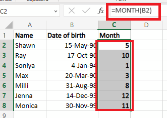 Drag the autofill handle over further cells to apply the formula to obtain the value of the month from the dates in order to obtain the value for each cell. 
