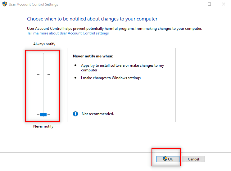 Drag the slider on the screen to the bottom to the Never notify option and click on OK. Fix Unable to Start Program Visual Studio Access is Denied