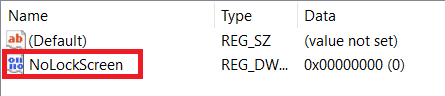 DWORD Value renamed to NoLockScreen