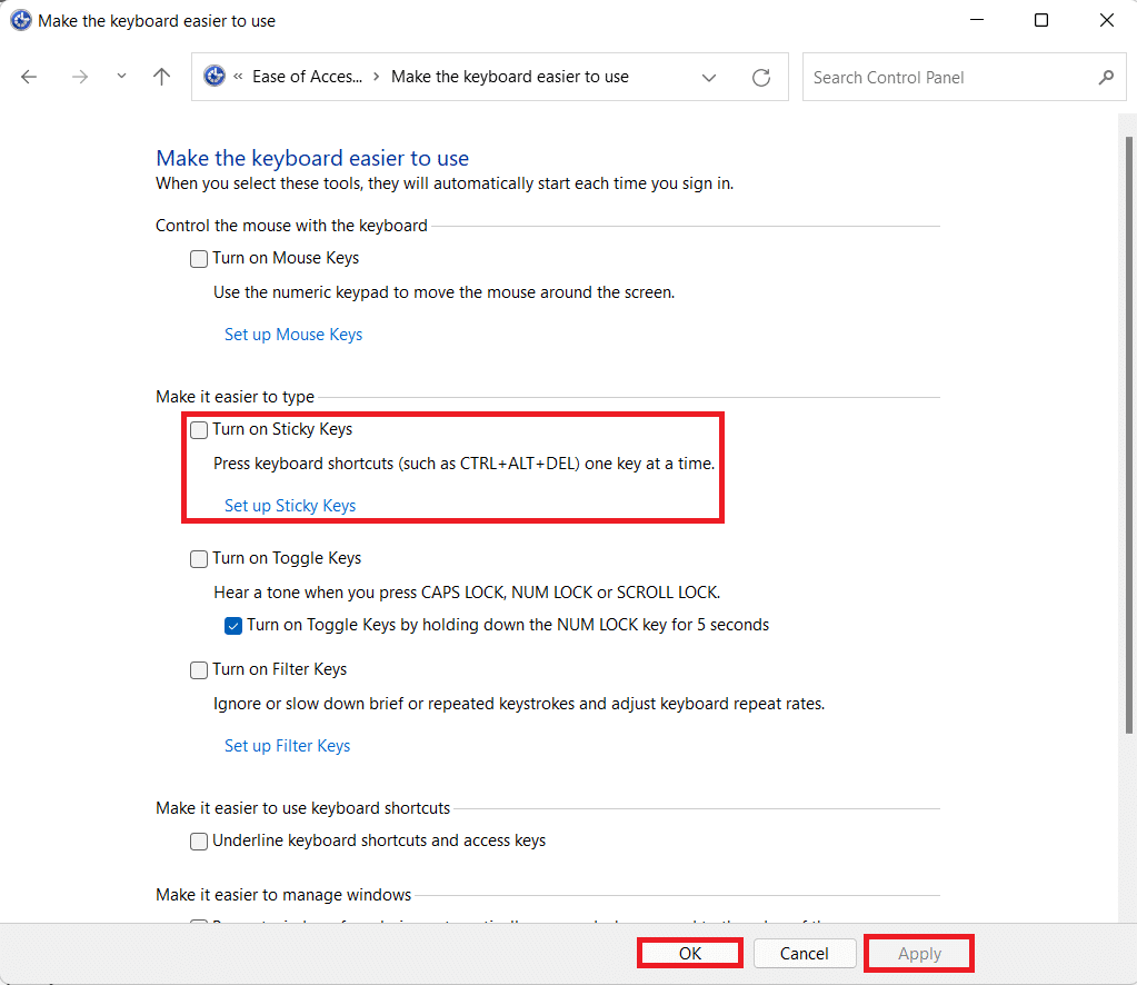 Ease of Access options for Keyboard. How to Turn Off Sticky Keys in Windows 11