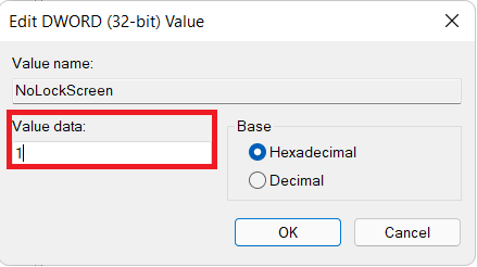 Edit DWORD Value dialog box