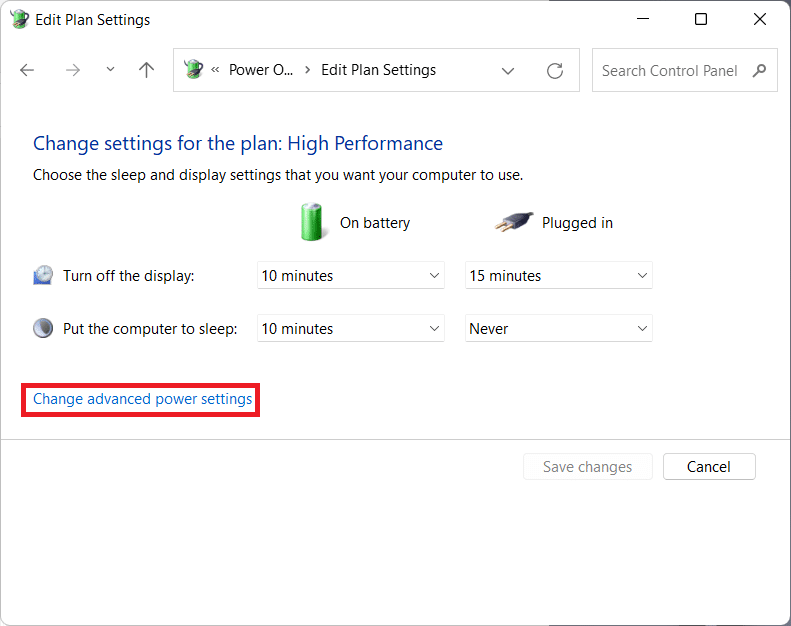 select change advanced power settings in the Edit Plan setting window