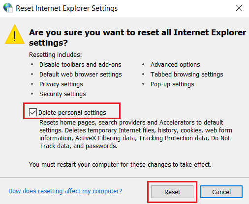 Enable Delete personal settings checkbox and select Reset. Fix Unhandled Exception Has Occurred in Your Application on Windows 10