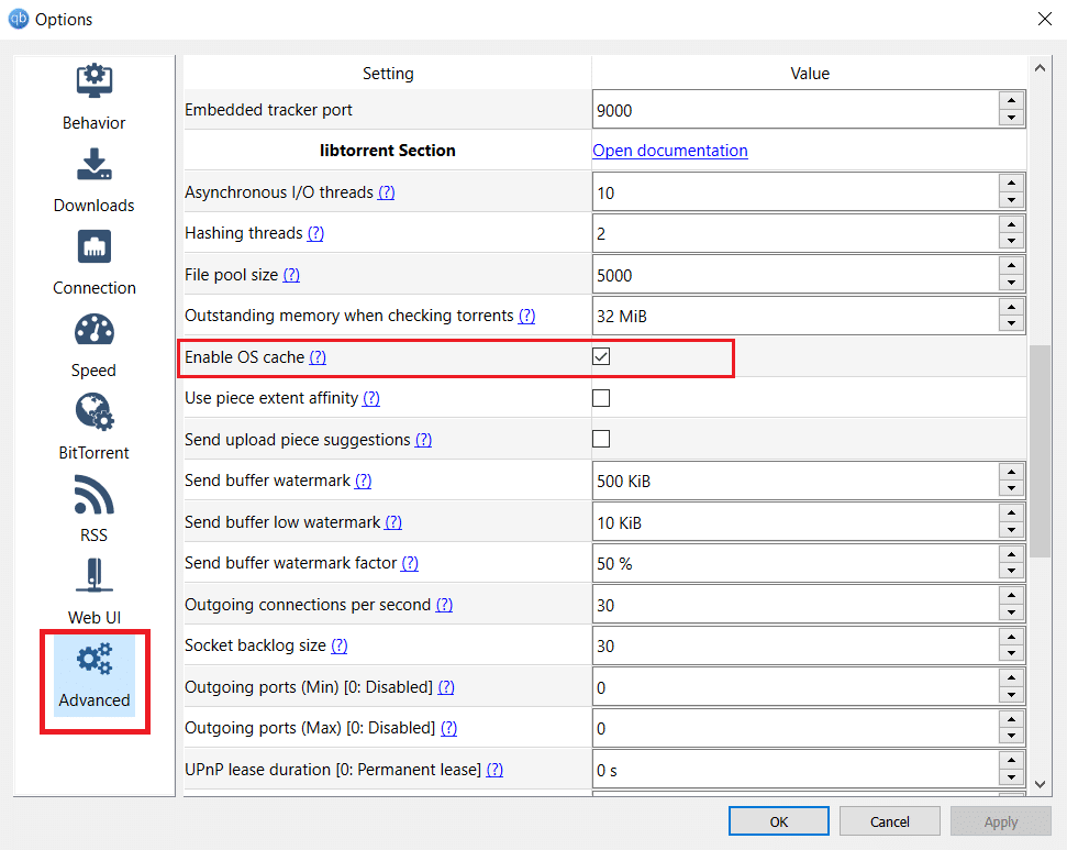 Enable OS cache on Advanced tab