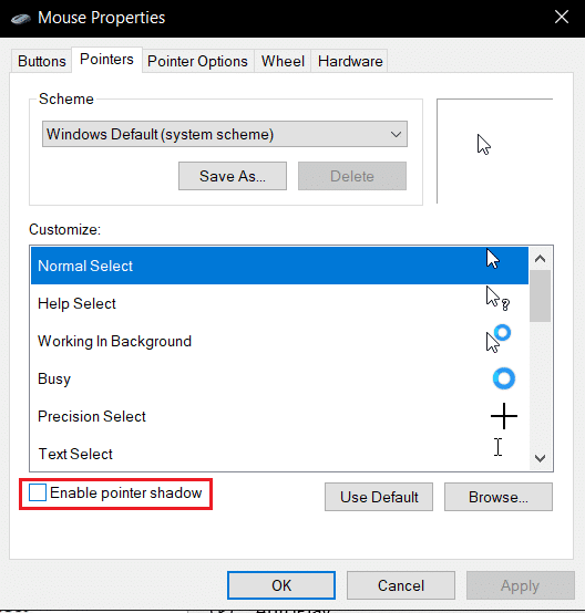 enable pointer shadow in mouse settings pointers tab. Fix Windows 10 Bluetooth Mouse Lag