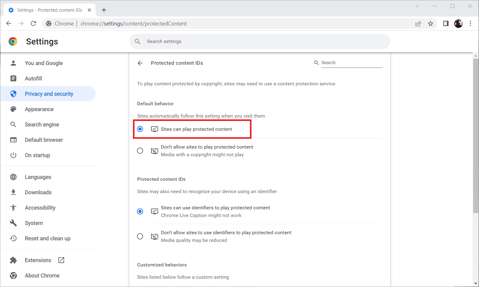 Enable Sites can play protected content option in Sites automatically follow this setting when you visit them under Default behavior section