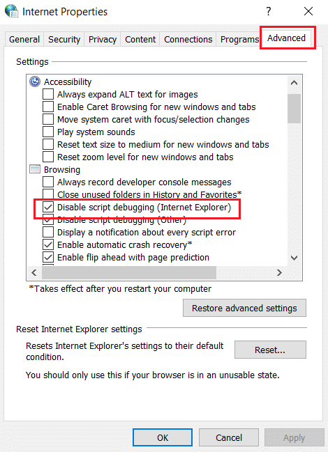 Enable the Disable script debugging Internet Explorer