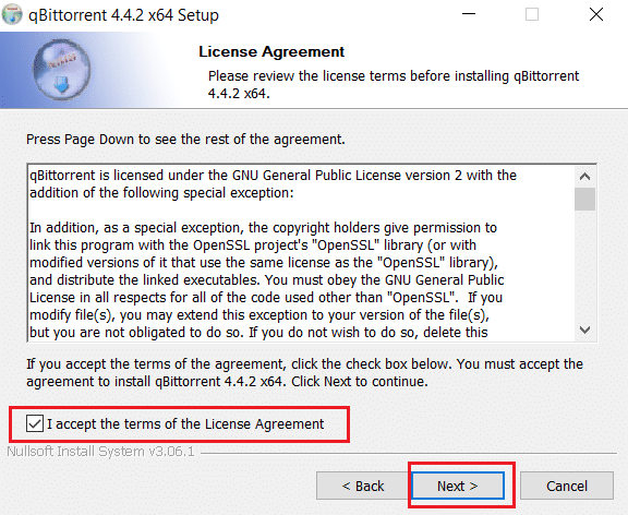 라이센스 계약 조건에 동의합니다 확인란을 선택하고 다음을 클릭합니다. Windows 10에서 Qbittorrent I/O 오류 수정