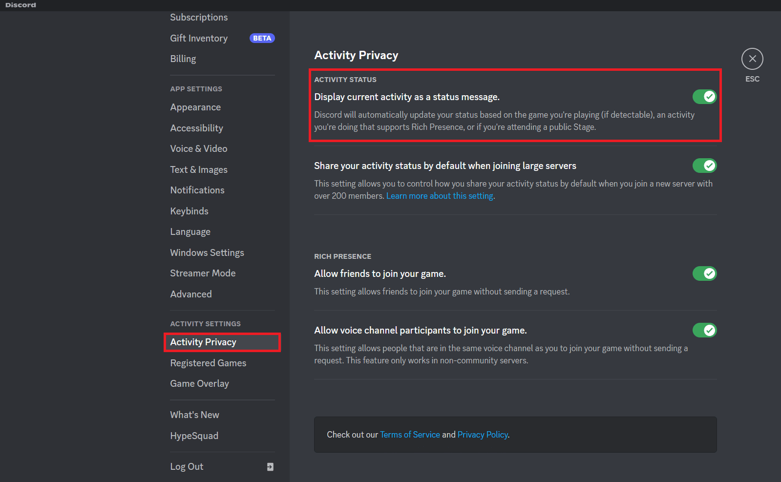 Enable the option Display current activity as a Status Message