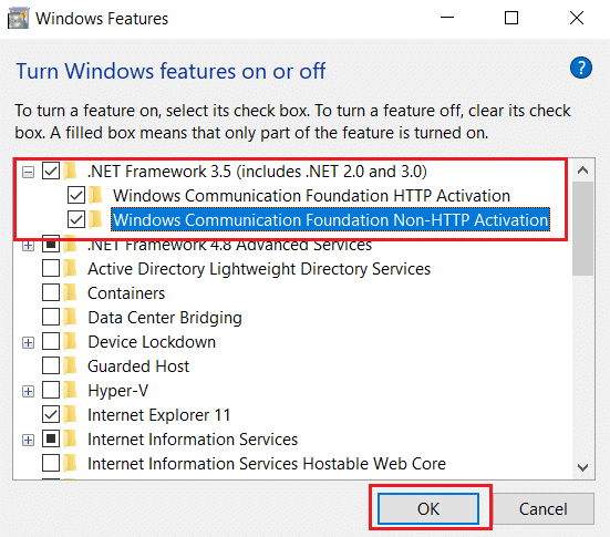 Ensure all the .NET Framework 3.5 includes .NET 2.0 and 3.0 is enabled