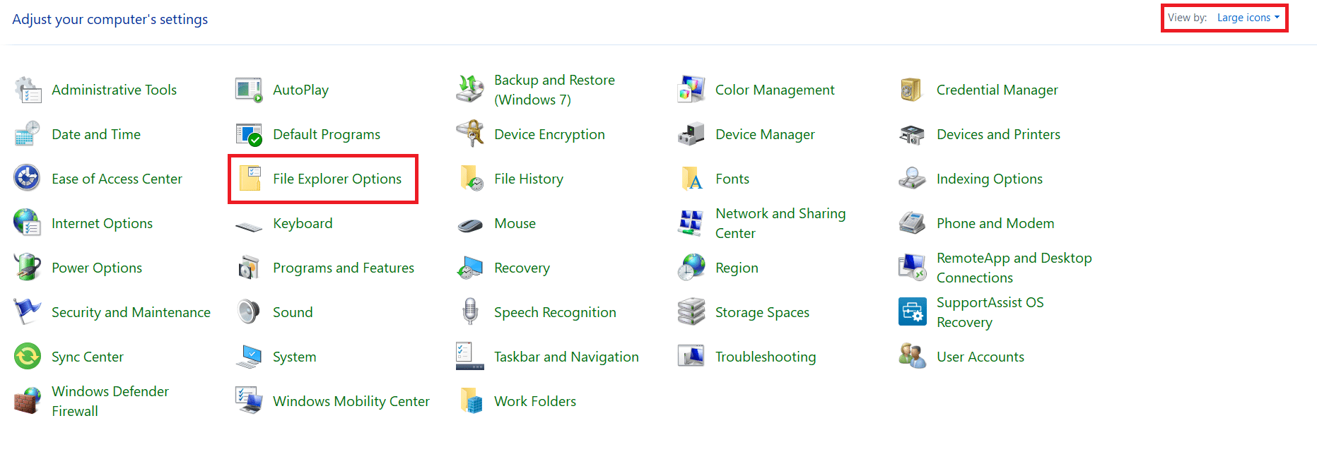 Ensure that the View by option is set as Large icons. Select File Explorer Options. 