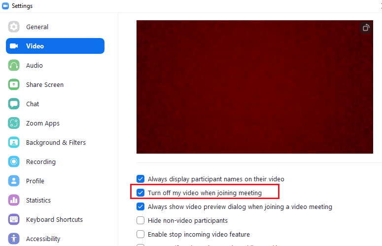 Ensure you uncheck Turn off my video when joining meeting option 
