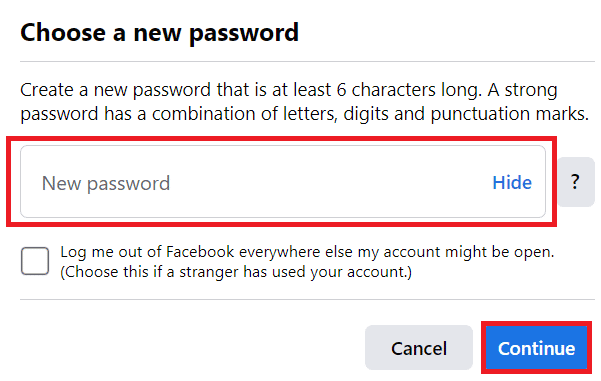 enter a New password and click on Continue | How to Delete Facebook Account Without Password