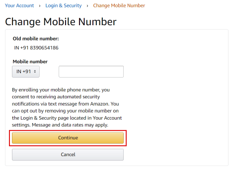 Enter a new mobile number and click on Continue.