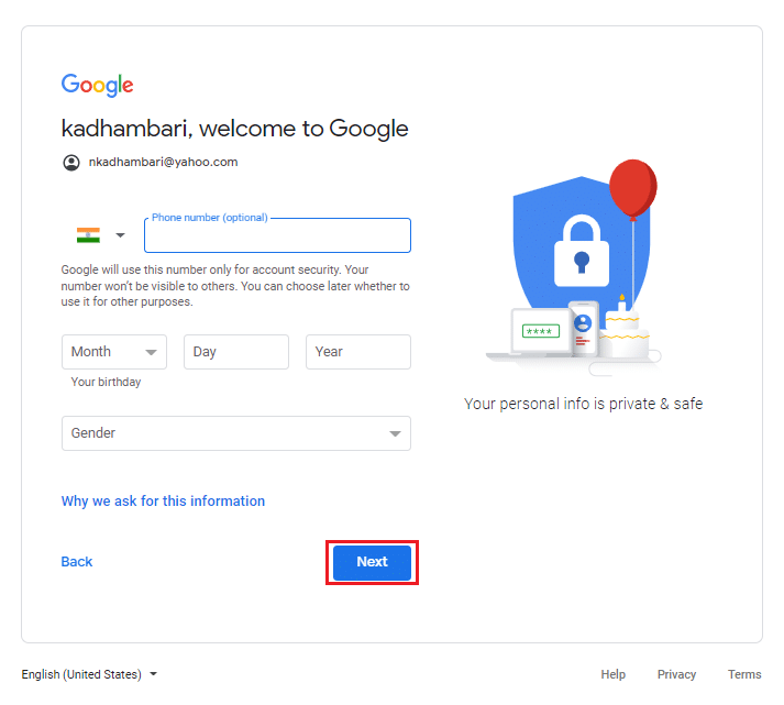 Enter all the mandatory details and select Next | How to Make a YouTube Account Without Gmail