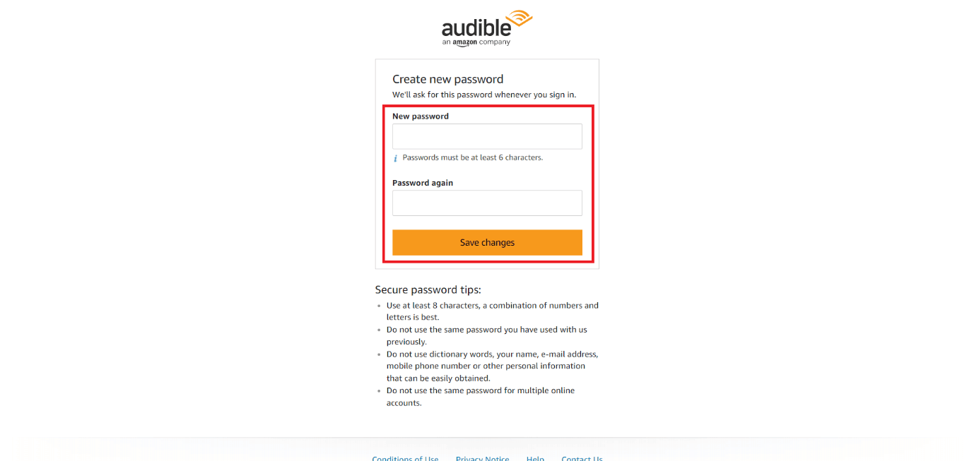 Enter and re-enter a new password and click on Save changes | How do you manage your Audible account