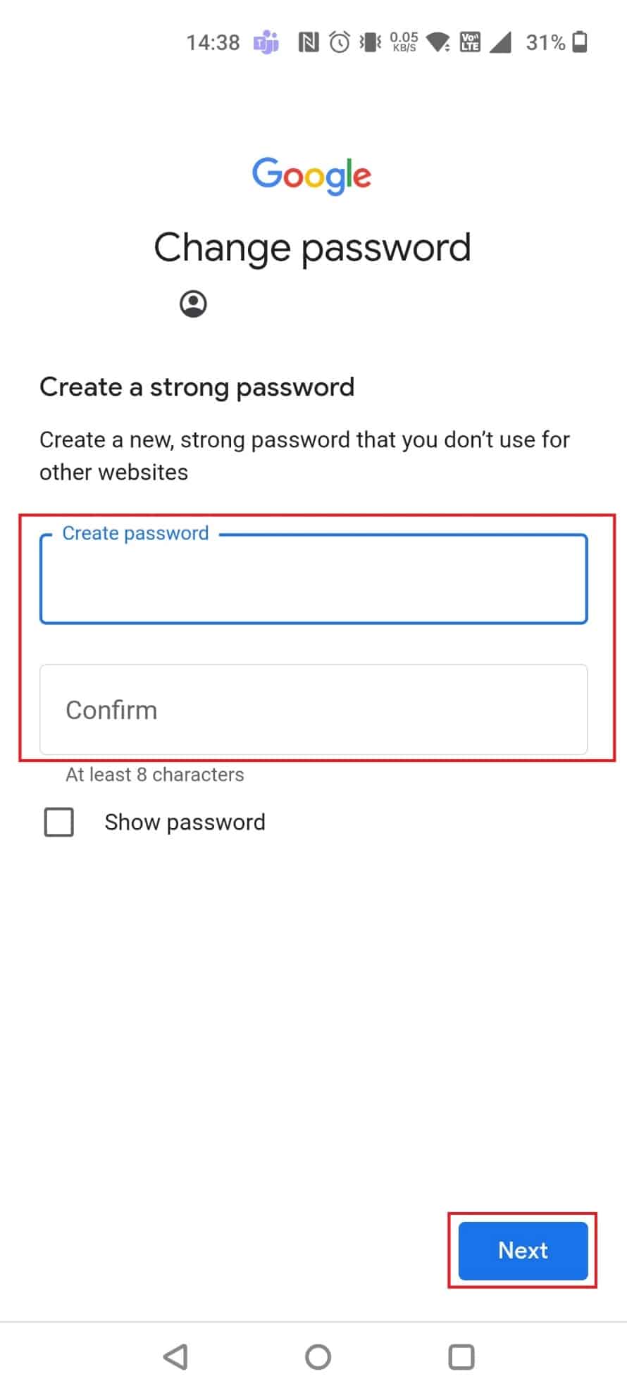 Enter and re-enter a new password and tap on Next