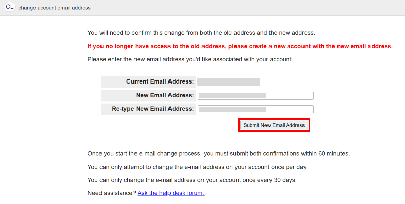 Enter and re-enter your new email address, and click on the Submit New Email Address button