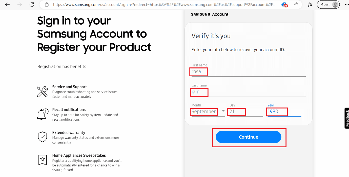enter details for samsung account recovery