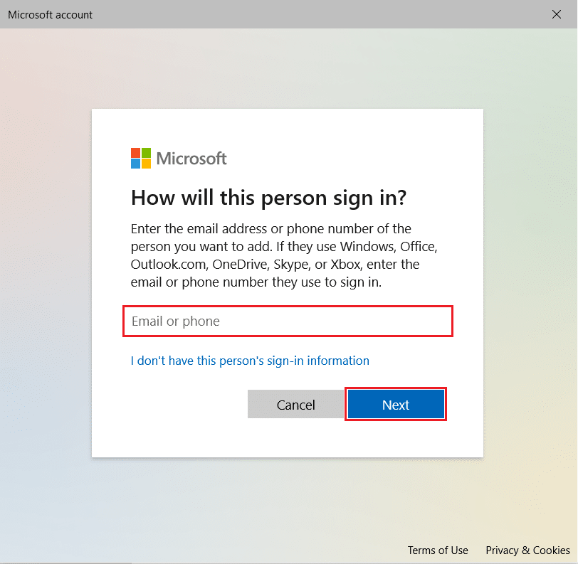 enter email and click on Next in the Microsoft How will this person sign in section to add a new account