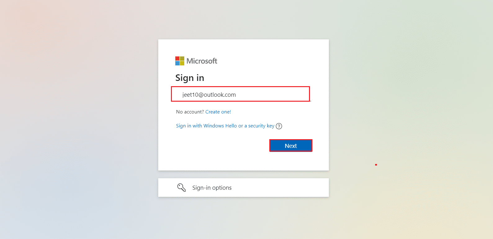 enter email in outlook sign in page