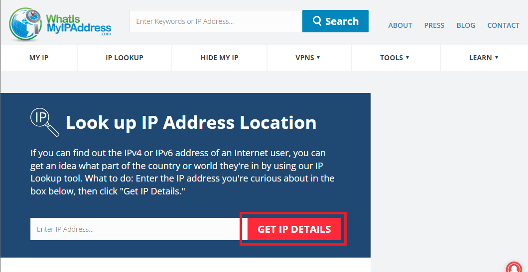 Ingrese la dirección IP y haga clic en OBTENER DETALLES DE IP