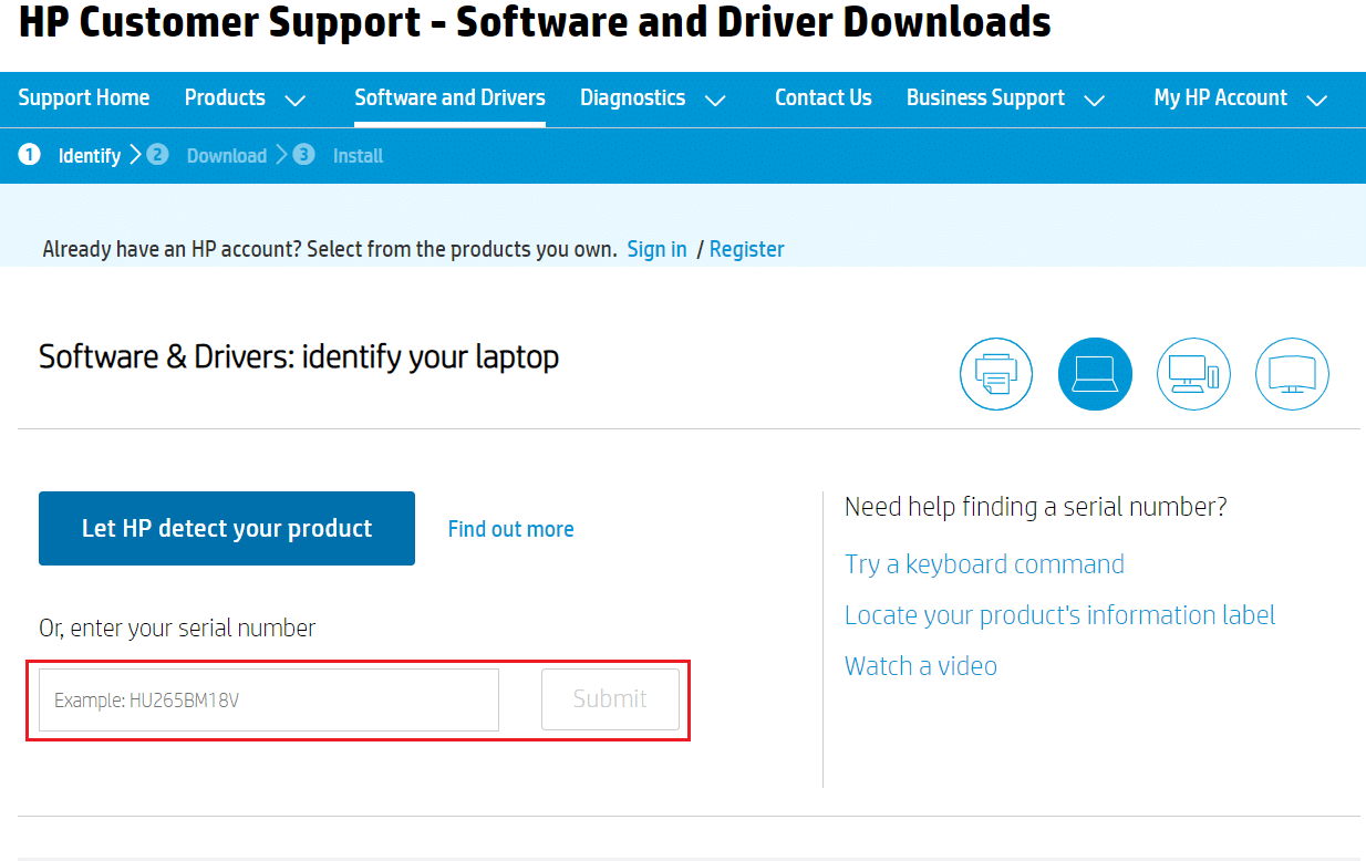 enter laptop serial number in hp download driver page