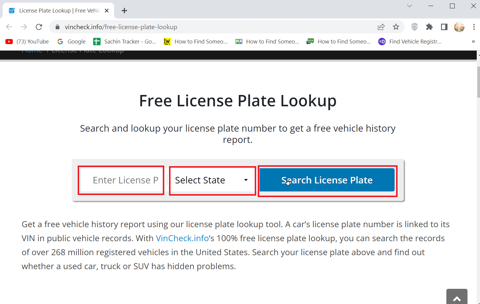 enter license plate number, state and click on search
