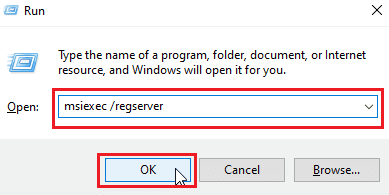 enter msiexec regserver to register windows installer and click on ok. Fix Error Applying Transforms in Windows 10