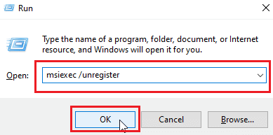  enter msiexec unregister to unregister windows installer and click on ok