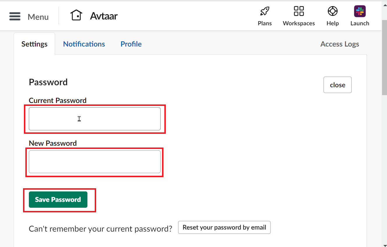 enter old and new password and click on save password | change slack email address