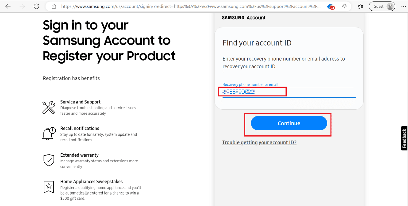 enter phone number and continue option for samsung
