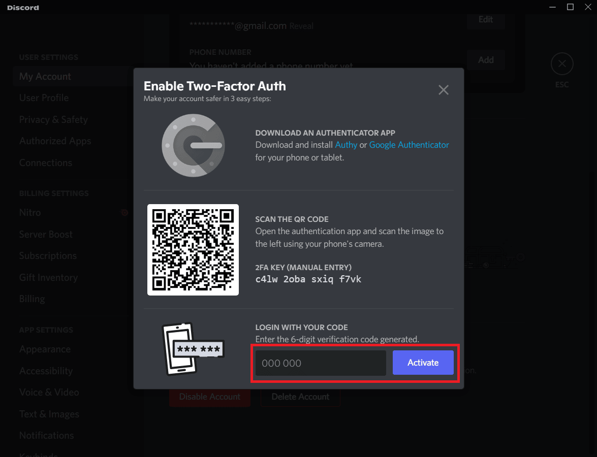 enter the 6-digit verification code and click on Activate | How to Switch Between Multiple Accounts on Discord