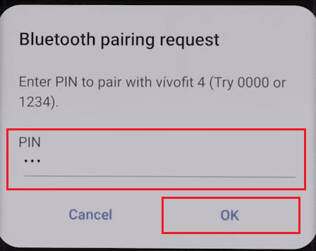 введите PIN-код сопряжения Bluetooth в приложении, отображаемом на часах Vivofit, и нажмите «ОК».