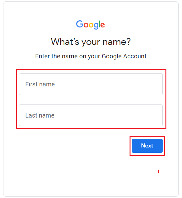 увядзіце імя і прозвішча вашага ўліковага запісу Google і націсніце «Далей».