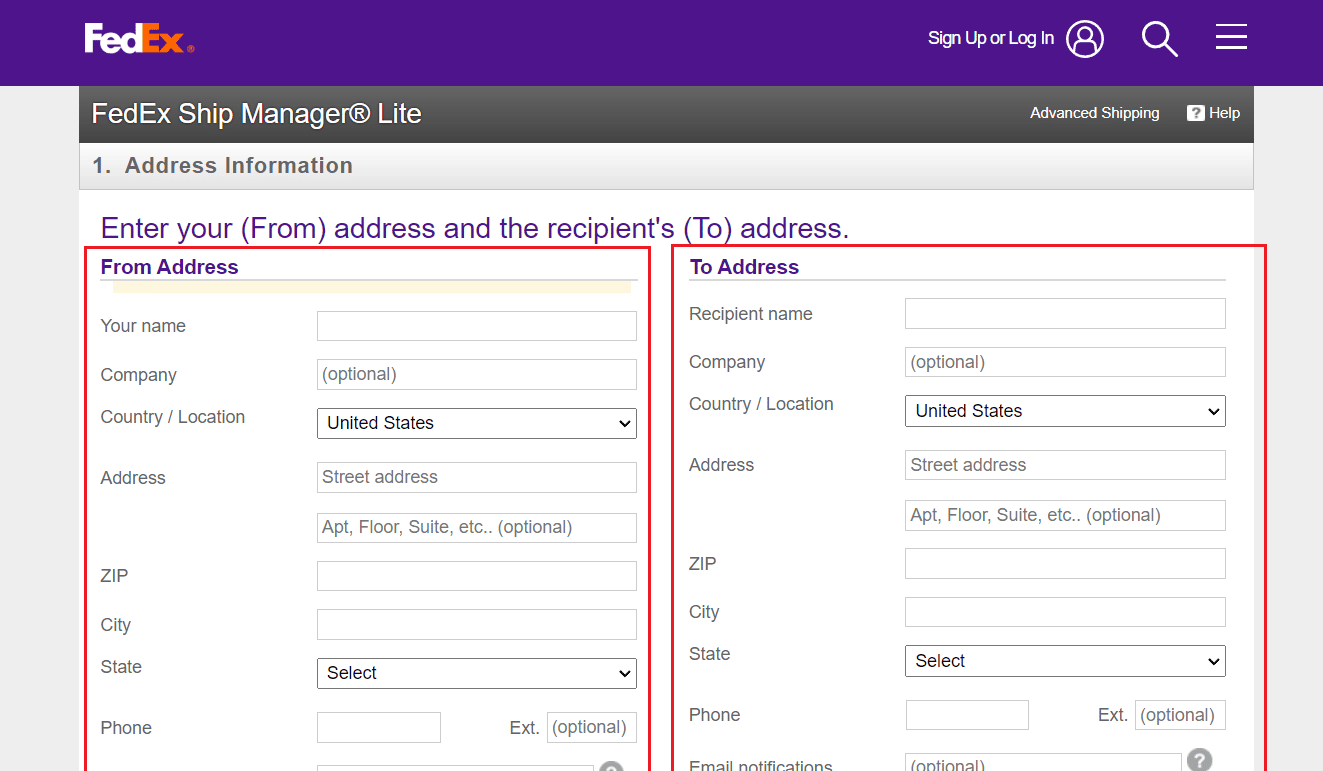 enter the From Address and To Address fields from the Address Information section | How to Create Multiple FedEx Shipping Labels