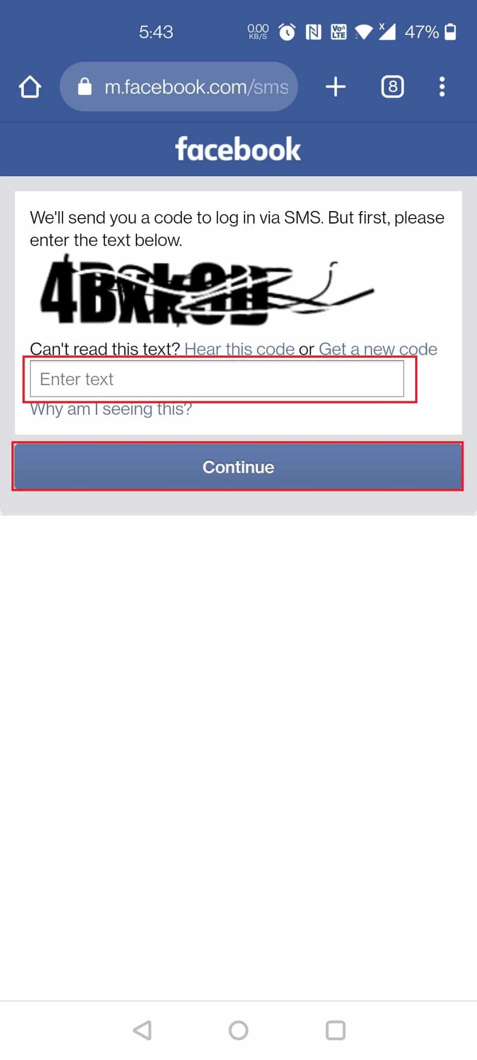 Enter the captcha text and tap on Continue | I want my old Facebook account back