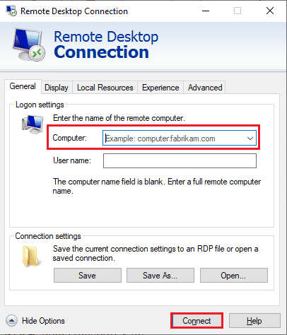 Enter the correct IP address in the Computer bar and click on the Connect button. Fix Remote Desktop Cannot Connect to the Remote Computer