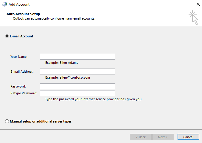 Enter the details to set up the account in the Add Account window 