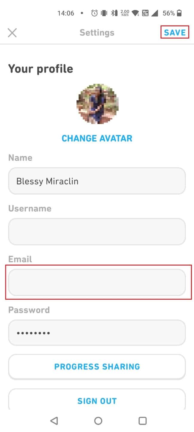 Introduceți adresa de e-mail și apăsați pe SALVARE | Cum să ștergeți contul Duolingo